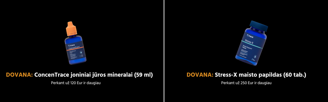 Dvi Trace Minerals produktų dovanos juodame fone: viršuje pavaizduotas ConcenTrace joninių mineralų lašų buteliukas su oranžiniu dangteliu, apačioje – „Stress-X“ papildų pakuotė. Tekstas lietuvių kalba, formatas desktop versijai.